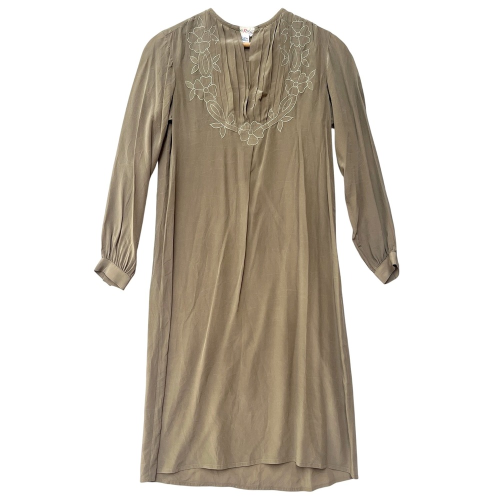 Vtg SAINT ROMEI Olive Brown 100% Pure Silk Dress‎ Women Sz 8 Kaftan Long Sleeve